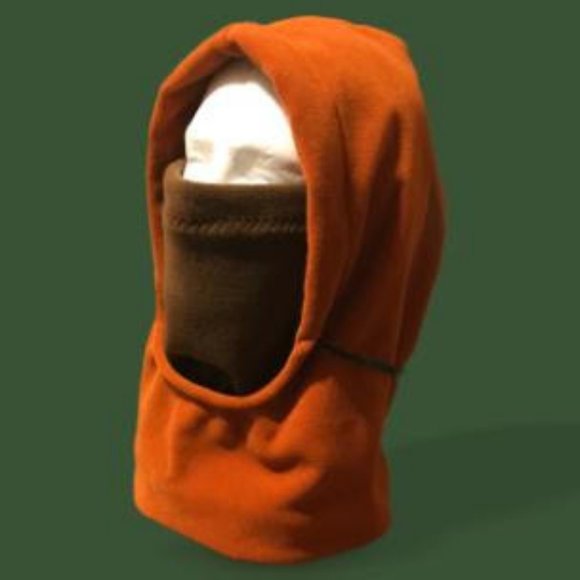 Brown with Orange Mouth & Orange Strings - Normal Fleece  Burnt Orange wind-blocker fleece hunting hood with brown mask